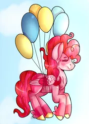 Size: 871x1219 | Tagged: safe, artist:darkheartmlp, derpibooru import, pinkie pie, pegasus, pony, leak, spoiler:g5, balloon, bound wings, female, floating, flying, g5, mare, pegasus pinkie pie, pinkie being pinkie, pinkie pie (g5), race swap, redesign, then watch her balloons lift her up to the sky, wings