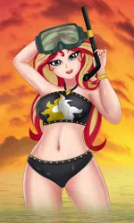 Size: 1276x2127 | Tagged: safe, artist:anonix123, derpibooru import, sunset shimmer, human, equestria girls, belly button, bikini, clothes, diving goggles, female, human coloration, humanized, looking at you, mask, sexy, snorkel, solo, stupid sexy sunset shimmer, swimsuit