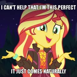 Size: 650x650 | Tagged: safe, derpibooru import, edit, edited screencap, screencap, sunset shimmer, equestria girls, equestria girls series, sunset's backstage pass!, spoiler:eqg series (season 2), caption, cropped, facts, image macro, meme, music festival outfit, solo, text, truth