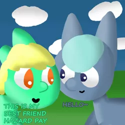 Size: 1000x1000 | Tagged: safe, artist:artdbait, derpibooru import, oc, oc:goldy, oc:hazard pay, earth pony, series:goldy and hazard, amber eyes, best friends, cloud, female, green fur, hello, introduction, light blue hair, mare, simple background, simple shading, smiling, solo, yellow mane