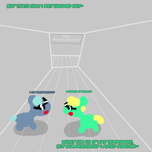 Size: 1000x1000 | Tagged: safe, artist:artdbait, derpibooru import, oc, oc:goldy, oc:hazard pay, earth pony, series:goldy and hazard, asdfmovie, best friends, blue eyes, bonding, female, foal, green fur, mare, simple background, simple shading, smiling, solo, yellow mane