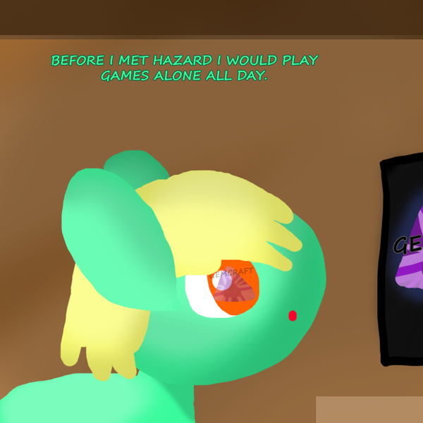 Size: 1000x1000 | Tagged: safe, artist:artdbait, derpibooru import, oc, oc:goldy, earth pony, series:goldy and hazard, amber eyes, excited, green fur, simple background, simple shading, solo, television, video game, yellow mane