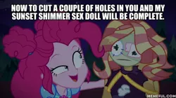 Size: 600x337 | Tagged: suggestive, derpibooru import, edit, edited screencap, screencap, pinkie pie, sunset shimmer, equestria girls, equestria girls series, sunset's backstage pass!, spoiler:eqg series (season 2), actual sunset shimmer, caption, female, image macro, implied sex toy, lesbian, meme, shipping, sunsetpie, text