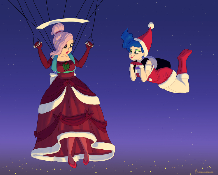 Size: 1290x1035 | Tagged: air ponyville, alternate hairstyle, artist:carnifex, boots, christmas, clothes, commission, costume, derpibooru import, dress, duo, falling, gown, hat, holiday, human, humanized, miniskirt, night, parachute, princess celestia, princess luna, royal sisters, safe, santa costume, santa hat, shoes, skirt, skydiving