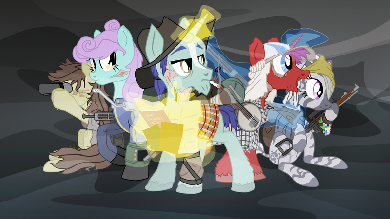 Size: 2600x1463 | Tagged: safe, artist:aaronmk, derpibooru import, oc, unofficial characters only, earth pony, pony, unicorn, zebra, fallout equestria, backpack, banjo, battle saddle, beads, binoculars, blaze (coat marking), book, braid, cigarette, clothes, group, gun, hat, levitation, machine gun, magic, map, musical instrument, pen, pipbuck, plaid, quadrupedal, rifle, sitting, smoking, telekinesis, vault suit, vector, weapon