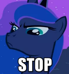 Size: 467x500 | Tagged: caption, cropped, derpibooru import, edit, edited screencap, image macro, luna eclipsed, meme, princess luna, safe, screencap, solo, stop, text