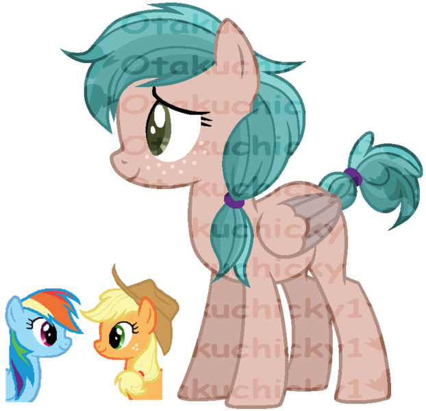 Size: 831x802 | Tagged: safe, artist:otakuchicky1, derpibooru import, applejack, rainbow dash, oc, pegasus, appledash, female, lesbian, magical lesbian spawn, mare, obtrusive watermark, offspring, parent:applejack, parent:rainbow dash, parents:appledash, shipping, simple background, transparent background, watermark