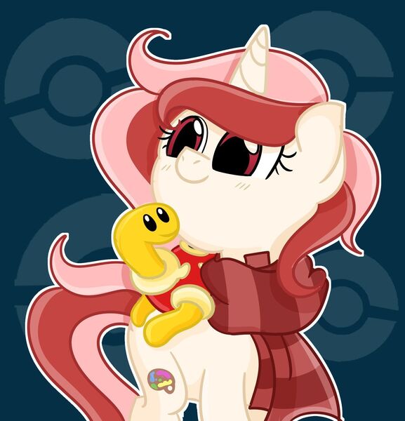 Size: 1280x1331 | Tagged: safe, artist:redpalette, derpibooru import, oc, oc:red palette, pony, unicorn, clothes, crossover, cute, female, mare, pokémon, scarf, shuckle, smiling