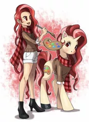 Size: 712x974 | Tagged: artist, clothes, cute, derpibooru import, easel, female, human, humanized, mare, oc, oc:red palette, paint, paintbrush, safe, scarf, solo, unofficial characters only