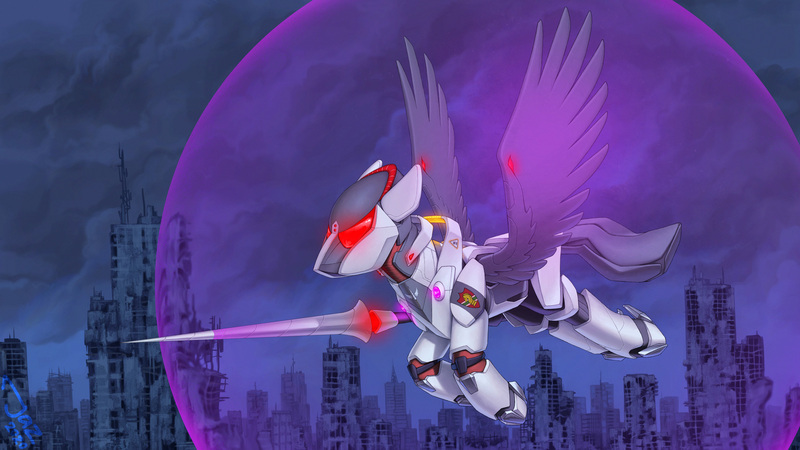 Size: 2500x1407 | Tagged: safe, artist:1jaz, derpibooru import, oc, oc:commodore layer cake, unofficial characters only, cyborg, pegasus, pony, fanfic:revanchism, armor, augmented, city, cityscape, cloud, cloudy, fanfic art, female, futuristic, glowing eyes, lance, mask, power armor, ruins, science fiction, shield, skyscraper, soldier, solo, spread wings, story art, war, weapon, wings