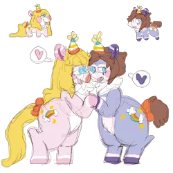 Size: 2000x2000 | Tagged: safe, artist:rigbythememe, derpibooru import, oc, oc:tengo (rigbythememe), oc:una (rigbythememe), unofficial characters only, pony, unicorn, bow, clown, disproportional anatomy, female, hat, heart, mare, party hat, pictogram, simple background, sketch, transparent background, twins