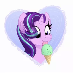 Size: 2500x2500 | Tagged: safe, artist:littleblackraencloud, derpibooru import, starlight glimmer, pony, unicorn, bust, cute, eating, eye clipping through hair, female, food, glimmerbetes, happy, heart, heart background, high res, ice cream, ice cream cone, licking, mare, solo, tongue out