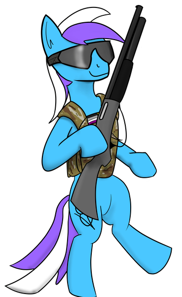 Size: 3200x5200 | Tagged: artist:flywheel, artist:paleheart-arts, asexual pride flag, derpibooru import, gun, oc, oc:flywheel, pegasus, pride, pride flag, safe, shotgun, weapon