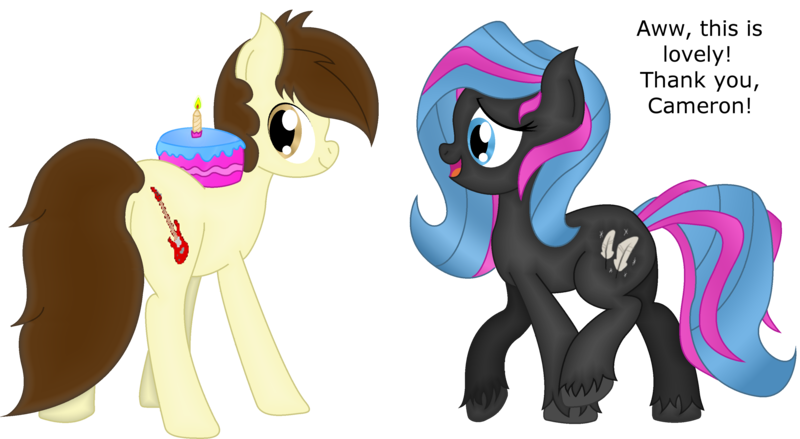 Size: 3412x1873 | Tagged: safe, artist:soulakai41, derpibooru import, oc, oc:cameron, oc:obabscribbler, unofficial characters only, earth pony, pony, cake, female, food, mare, simple background, transparent background