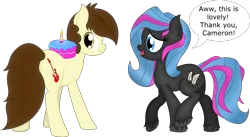 Size: 3412x1873 | Tagged: safe, artist:soulakai41, derpibooru import, oc, oc:cameron, oc:obabscribbler, unofficial characters only, earth pony, pony, cake, female, food, mare, simple background, transparent background