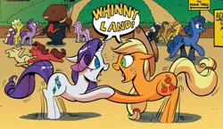 Size: 1615x934 | Tagged: safe, artist:andypriceart, derpibooru import, idw, applejack, rarity, unnamed character, unnamed pony, earth pony, pegasus, pony, unicorn, friends forever, spoiler:comic, spoiler:comicff8, background pony, didney worl, duo focus, female, male, mare, official comic, stallion, whinnyland