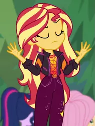 Size: 717x948 | Tagged: safe, derpibooru import, screencap, applejack, fluttershy, sci-twi, sunset shimmer, twilight sparkle, equestria girls, equestria girls series, sunset's backstage pass!, spoiler:eqg series (season 2), cropped, music festival outfit