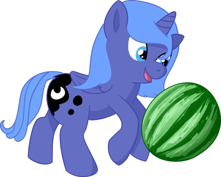 Size: 5347x4284 | Tagged: safe, artist:poniidesu, derpibooru import, princess luna, ponified, alicorn, pony, /mlp/, absurd resolution, cute, drawthread, female, filly, food, kicking, lunabetes, ponified animal photo, simple background, solo, transparent background, watermelon, woona, younger