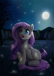 Size: 1697x2400 | Tagged: safe, artist:fidzfox, derpibooru import, fluttershy, firefly (insect), insect, pegasus, pony, chest fluff, cute, female, folded wings, full moon, looking at something, mare, moon, night, open mouth, outdoors, raised hoof, shyabetes, sitting, sky, solo, stars, tree, wings