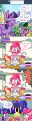 Size: 1280x4794 | Tagged: safe, artist:pippy, derpibooru import, apple bloom, pinkie pie, scootaloo, spike, sweetie belle, twilight sparkle, twilight sparkle (alicorn), alicorn, pony, pinkiepieskitchen, apron, clothes, cupcake, cutie mark crusaders, fire, floppy ears, food, icing bag, magic, mouth hold, scrunchy face, smoke, twilight's castle