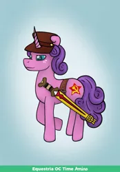 Size: 1480x2128 | Tagged: safe, artist:shasta, derpibooru import, oc, oc:red star, unofficial characters only, unicorn, canon parents, celtic la tene sword, commie, commission, communism, communist pony, horn, offspring, parent:petunia petals, parent:sunny skies, parents:petuniasky, red star, sickle and mic, source:amino app pms, sword, unicorn oc, weapon