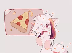 Size: 1280x942 | Tagged: safe, artist:little-sketches, derpibooru import, oc, oc:ayaka, ponified, earth pony, pony, alternate design, bipedal, chest fluff, eye clipping through hair, female, food, mare, meat, pepperoni, pepperoni pizza, pink background, pizza, simple background, solo, species swap, stars