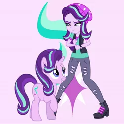 Size: 1280x1280 | Tagged: safe, artist:media1997, derpibooru import, starlight glimmer, pony, unicorn, equestria girls, mirror magic, spoiler:eqg specials, beanie, cutie mark background, duality, duo, female, hat, human ponidox, lidded eyes, looking at each other, mare, raised leg, self ponidox, smiling