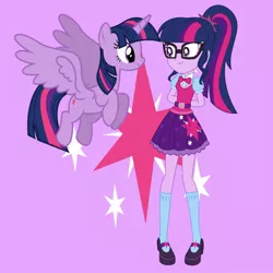 Size: 1280x1280 | Tagged: safe, artist:media1997, derpibooru import, sci-twi, twilight sparkle, twilight sparkle (alicorn), alicorn, pony, equestria girls, cutie mark background, duality, female, glasses, human ponidox, looking at each other, mare, self ponidox, smiling, spread wings, twolight, wings