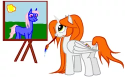 Size: 712x440 | Tagged: safe, artist:agdistis, derpibooru import, oc, oc:ginger peach, unofficial characters only, alicorn, earth pony, pony, /mlp/, alicorn oc, canvas, drawthread, easel, green eyes, horn, orange hair, paintbrush, painting, simple background, solo, sun, white background, wings