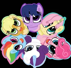 Size: 1893x1813 | Tagged: safe, artist:vivifofinha, derpibooru import, applejack, fluttershy, pinkie pie, rainbow dash, rarity, twilight sparkle, earth pony, pegasus, pony, unicorn, leak, spoiler:g5, accessories, applejack (g5), black background, braid, bust, coat markings, cute, earth pony twilight, female, fluttershy (g5), g5, looking at you, looking up, mane six, mane six (g5), mare, outline, pegasus pinkie pie, pinkie pie (g5), race swap, rainbow dash (g5), rarity (g5), redesign, simple background, smiling, top down, twilight sparkle (g5), unicorn fluttershy, vine