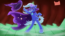 Size: 3840x2160 | Tagged: safe, artist:jomok0, derpibooru import, trixie, pony, unicorn, bipedal, cape, clothes, female, glowing horn, grin, hat, horn, magic, mare, smiling, smug, solo, stage, telekinesis, trixie's cape, trixie's hat