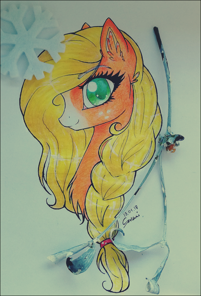 Size: 602x885 | Tagged: safe, artist:seriumi, derpibooru import, applejack, earth pony, pony, leak, spoiler:g5, applejack (g5), beautiful, braid, bust, female, g5, mare, redesign, traditional art