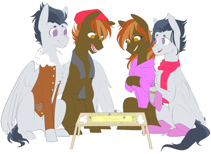 Size: 1915x1399 | Tagged: safe, artist:icey-wicey-1517, artist:sychia, color edit, derpibooru import, edit, button mash, rumble, earth pony, pegasus, pony, blushing, board game, card, chest fluff, clothes, collaboration, colored, dice, female, gay, gloves, grin, hat, hoodie, hug, jacket, joystick (r63), lesbian, male, mare, missing cutie mark, older, open mouth, raised hoof, rule 63, rumblemash, scarf, self paradox, self ponidox, shipping, simple background, sitting, smiling, socks, stallion, table, transparent background, tumble, tumbstick, winghug