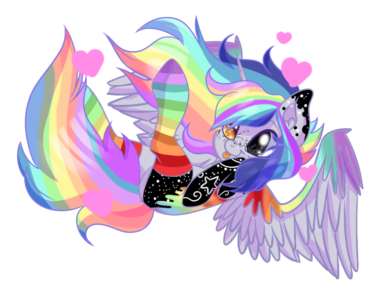 Size: 4084x3187 | Tagged: safe, artist:wicked-red-art, derpibooru import, oc, oc:pastel chole, unofficial characters only, alicorn, pony, :p, alicorn oc, clothes, commission, cute, female, freckles, heart, heterochromia, horn, mare, multicolored hair, rainbow hair, rainbow socks, simple background, socks, solo, striped socks, tattoo, tongue out, transparent background, wings, ych result