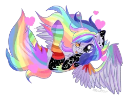Size: 4084x3187 | Tagged: safe, artist:wicked-red-art, derpibooru import, oc, oc:pastel chole, unofficial characters only, alicorn, pony, :p, alicorn oc, clothes, commission, cute, female, freckles, heart, heterochromia, horn, mare, multicolored hair, rainbow hair, rainbow socks, simple background, socks, solo, striped socks, tattoo, tongue out, transparent background, wings, ych result