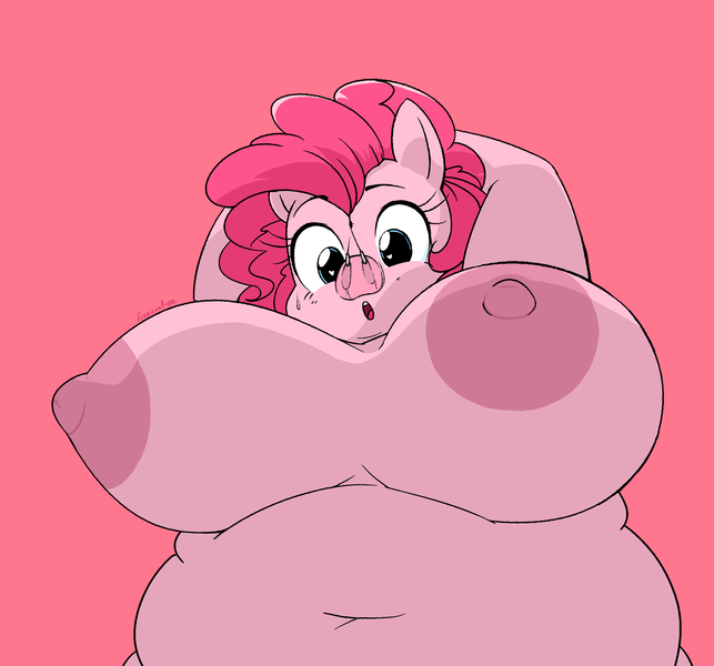 Size: 2148x2003 | Tagged: questionable, artist:breezietype, derpibooru import, edit, edited edit, pinkie pie, anthro, earth pony, areola, arm behind head, bbw, belly, belly button, big areola, big breasts, bingo wings, breasts, busty pinkie pie, chubby cheeks, double chin, fat, fat edit, female, heart eyes, huge breasts, low angle, muffin top, nipples, nosehook, nudity, :o, obese, open mouth, piggie pie, piggy pie, pig nose, pink background, pudgy pie, simple background, solo, solo female, wide hips, wingding eyes