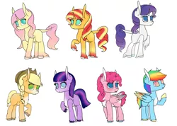 Size: 2904x2065 | Tagged: safe, artist:cheriophobia-queen, derpibooru import, applejack, fluttershy, pinkie pie, rainbow dash, rarity, sunset shimmer, twilight sparkle, earth pony, pegasus, pony, unicorn, leak, spoiler:g5, applejack (g5), black background, braid, braided tail, coat markings, colored wings, earth pony twilight, female, fluttershy (g5), g5, hooves, mane six, mane six (g5), mare, pegasus pinkie pie, pinkie pie (g5), race swap, rainbow dash (g5), rarity (g5), redesign, simple background, tongue out, twilight sparkle (g5), unicorn fluttershy, white background, wings