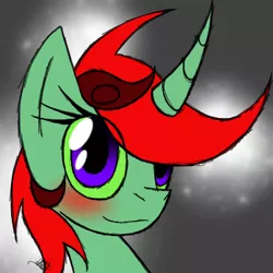 Size: 370x370 | Tagged: safe, artist:didun850, derpibooru import, oc, oc:minty ace, unofficial characters only, pony, unicorn, abstract background, blushing, bust, curved horn, eye clipping through hair, female, horn, mare, smiling, solo, unicorn oc