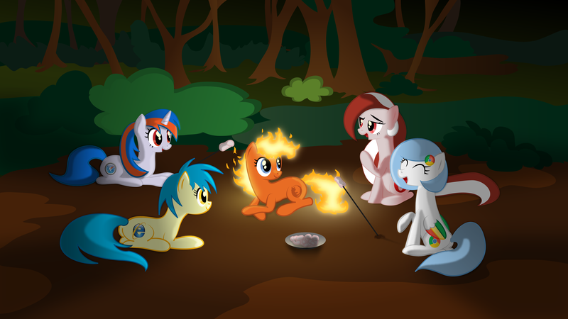 Size: 4000x2250 | Tagged: safe, artist:parallaxmlp, derpibooru import, oc, oc:firefox, oc:google chrome, oc:internet explorer, oc:opera, oc:safari, ponified, unofficial characters only, pony, browser ponies, campfire, camping, firefox, food, forest, google chrome, internet browser, internet explorer, marshmallow, opera, opera (browser), safari, safari (browser)