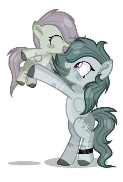 Size: 1760x2602 | Tagged: safe, artist:ssosi2, derpibooru import, marble pie, oc, oc:limestone, pegasus, pony, bipedal, female, filly, holding a pony, magical lesbian spawn, mare, mother and child, mother and daughter, offspring, parent:fluttershy, parent:marble pie, parents:marbleshy, race swap, simple background, transparent background