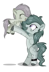 Size: 1760x2602 | Tagged: safe, artist:ssosi2, derpibooru import, marble pie, oc, oc:limestone, pegasus, pony, bipedal, female, filly, holding a pony, magical lesbian spawn, mare, mother and child, mother and daughter, offspring, parent:fluttershy, parent:marble pie, parents:marbleshy, race swap, simple background, transparent background