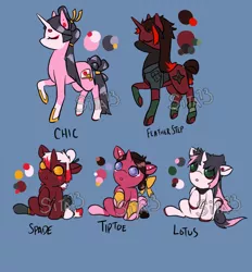 Size: 1300x1400 | Tagged: safe, artist:lavvythejackalope, derpibooru import, oc, oc:chic, oc:feather step, oc:lotus, oc:spade, oc:tiptoe, unofficial characters only, pony, unicorn, baby, baby pony, bow, clothes, colored hooves, eyes closed, hair bow, horn, leg warmers, makeup, sitting, unicorn oc, vest
