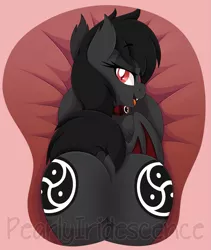 Size: 1139x1350 | Tagged: suggestive, artist:pearlyiridescence, derpibooru import, oc, oc:qetesh, unofficial characters only, bat pony, bat pony oc, bat wings, both cutie marks, butt, collar, dock, fangs, featureless crotch, female, looking back, mare, mousepad, mousepad for the fearless, open mouth, oppai mousepad, plot, red and black oc, red eyes, smiling, solo, solo female, wings