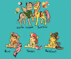 Size: 1700x1400 | Tagged: safe, artist:lavvythejackalope, derpibooru import, oc, oc:ensemble legrand, oc:honey belle, oc:melody, oc:mocha sweet, oc:sweet chime, alicorn, pegasus, pony, :o, alicorn oc, baby, baby pony, clothes, colored hooves, ear piercing, earring, eyes closed, horn, jewelry, oc x oc, open mouth, piercing, reference sheet, shipping, sitting, wings