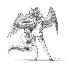 Size: 1400x1181 | Tagged: alicorn, anthro, artist:baron engel, breasts, busty princess luna, cleavage, clothes, derpibooru import, digital art, female, garters, grayscale, mare, monochrome, nurse, nurse outfit, pencil drawing, princess luna, safe, sketch, smiling, socks, solo, stethoscope, stockings, thigh highs, traditional art, unguligrade anthro