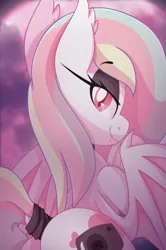 Size: 697x1051 | Tagged: safe, artist:pearlyiridescence, derpibooru import, oc, oc:pearly iridescence, unofficial characters only, bat pony, bat pony oc, bat wings, butt, choker, cloud, cropped, dock, fangs, female, lidded eyes, looking back, mare, moon, night, pastel, pink moon, plot, solo, tail wrap, wings