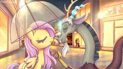 Size: 1600x900 | Tagged: safe, artist:musicfirewind, derpibooru import, discord, fluttershy, draconequus, pegasus, boop, discoshy, eyes closed, female, male, noseboop, rain, shipping, straight, umbrella