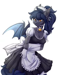 Size: 2054x2579 | Tagged: safe, artist:1an1, derpibooru import, oc, oc:midnight measure, unofficial characters only, anthro, bat pony, anthro oc, bat pony oc, bat wings, clothes, dress, female, glasses, gloves, maid, mare, rule 63, simple background, solo, white background, wings