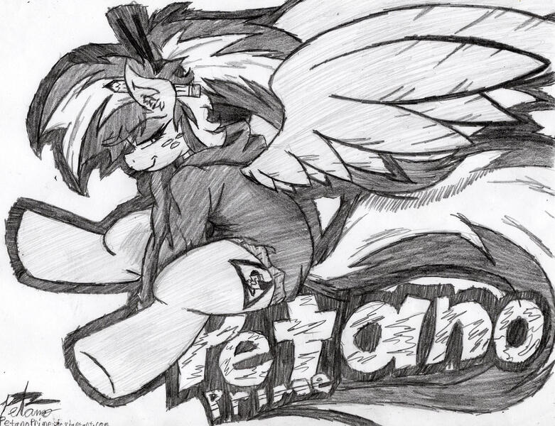 Size: 1952x1500 | Tagged: safe, artist:petanoprime, derpibooru import, oc, oc:electric sketch, unofficial characters only, pegasus, pony, bedroom eyes, clothes, female, freckles, grayscale, grin, hairpin, hoodie, mare, monochrome, pegasus oc, pencil, pencil behind ear, signature, sitting, smiling, solo, text, traditional art, underhoof, wings