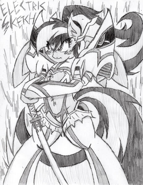 Size: 1516x1966 | Tagged: anthro, armor, artist:petanoprime, bakuzan, clothes, cosplay, costume, crossover, derpibooru import, female, freckles, frown, grayscale, junketsu, kill la kill, monochrome, oc, oc:electric sketch, pegasus, pegasus oc, safe, signature, solo, sword, text, traditional art, unguligrade anthro, unofficial characters only, weapon, wings